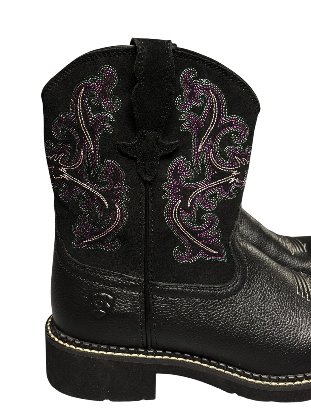 Ariat | Fatbaby Black Leather Purple Green Embroidered Cowboy Boots - Like New! - Picture 2 of 9